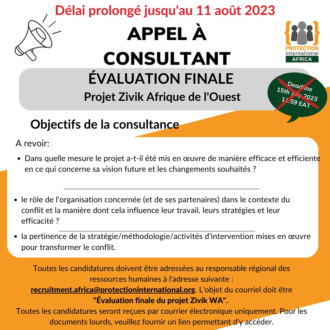 Le PIA (Protection Internationale Africa) lance un appel à candidatures pour le recrutement d'un CONSULTANT pour l'évaluation finale du projet Zivik en Afrique de l'Ouest
Pour plus d'informations, cliquez sur ce lien : shorturl.at/FJOZ8
Date limite :11 août 2023 @ 23:59 EAT