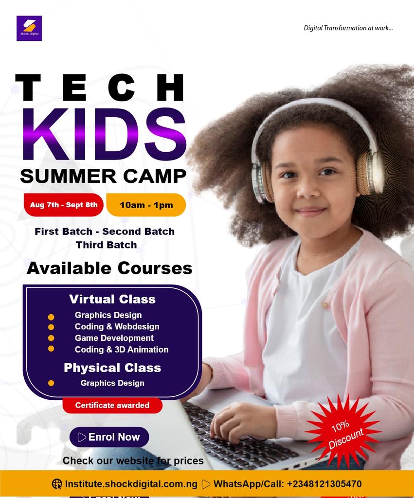 shockdigitalng's tweet photo. Enroll your children in our exciting Summer Virtual Training Program where your children will learn Web Design, Graphics Design, Game Development, and more from the comfort of home.

For more info, 

visit our website at 
https://t.co/WvijOCQq9p or contact us at 2348121305470. https://t.co/K8EZmJSFSL
