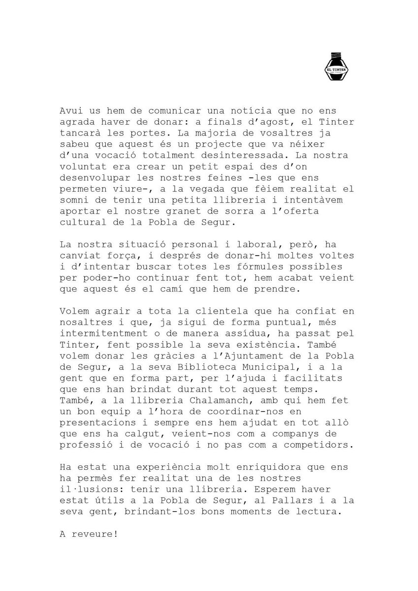 TinterEl's tweet photo. Avui us hem de comunicar una notícia que no ens agrada 😔 https://t.co/n1CswlHjXK
