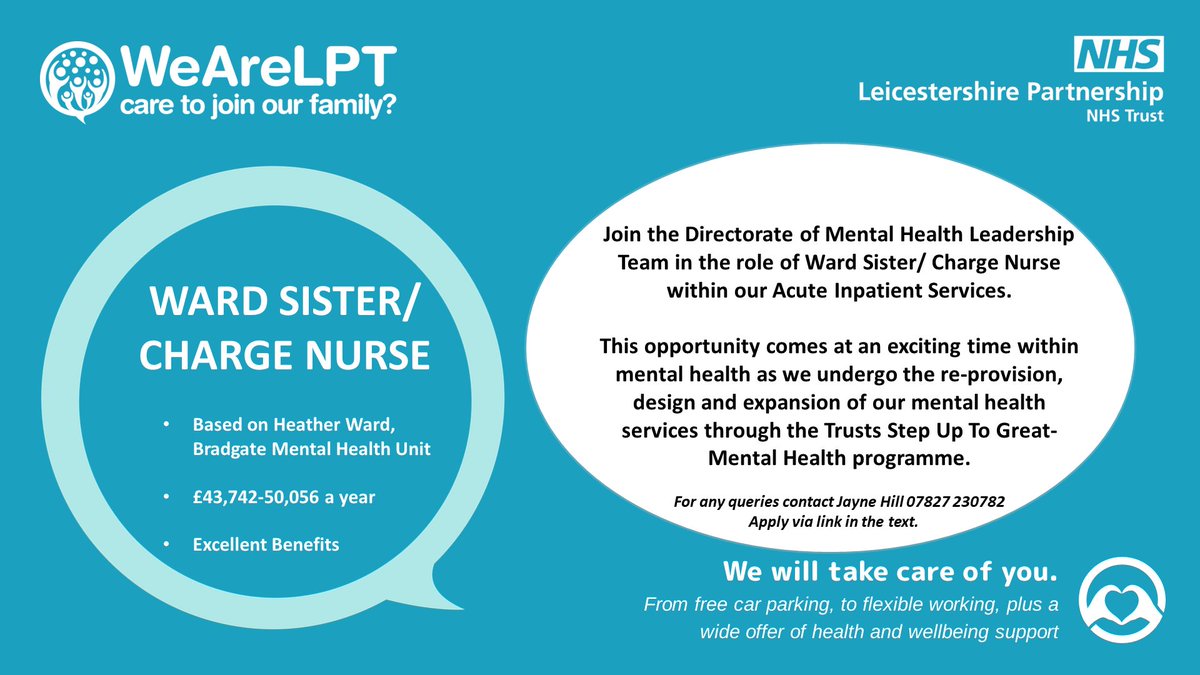 ⭐ Excellent leadership job opportunity at <a href="/LPTnhs/">Leicestershire Partnership NHS Trust</a> within the Directorate of Mental Health! 
🌻Ward Sister/ Charge Nurse - Band 7 on Heather Ward
👀 See advert below and feel free to contact Jayne Hill for more info. Application link is here 👇jobs.nhs.uk/candidate/joba…