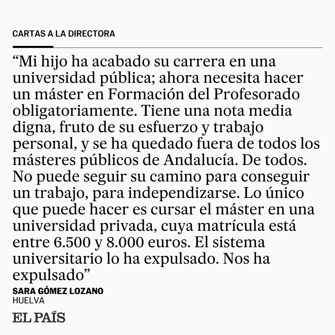 el_pais's tweet photo. 'Mi hijo no puede seguir estudiando', escribe la lectora Sara Gómez Lozano en esta #CartaALaDirectora: "El sistema universitario lo ha expulsado. Nos ha expulsado" https://t.co/5CF6yxdCSE https://t.co/zfiDUtesKs
