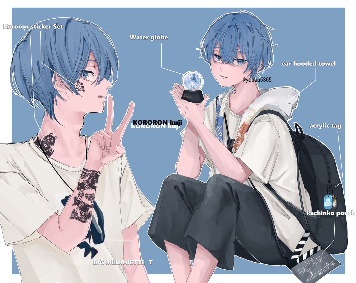 1boy male focus tattoo blue hair backpack blue eyes bag  illustration images