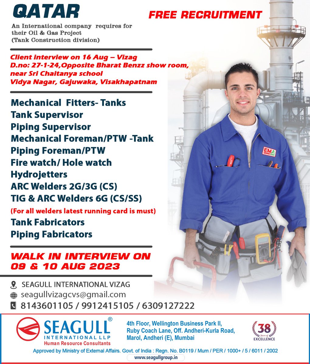 hrd1_seagull's tweet photo. QATAR JOBS
FREE RECRUITMENT
LONG TERM PROJECT
WALK IN INTERVIEW ON 09th &amp; 10th AUGUST 2023
CLIENT INTERVIEW ON 16th AUAGUST
.

.

.
#qatarjobs #vizagjobs #mechanicalfitter #tanksupervisor #pipingsupervisor #mechanicalforeman #pipingforeman #firewatch #holewatch #hydrojetters https://t.co/KmC9NX9Kpg