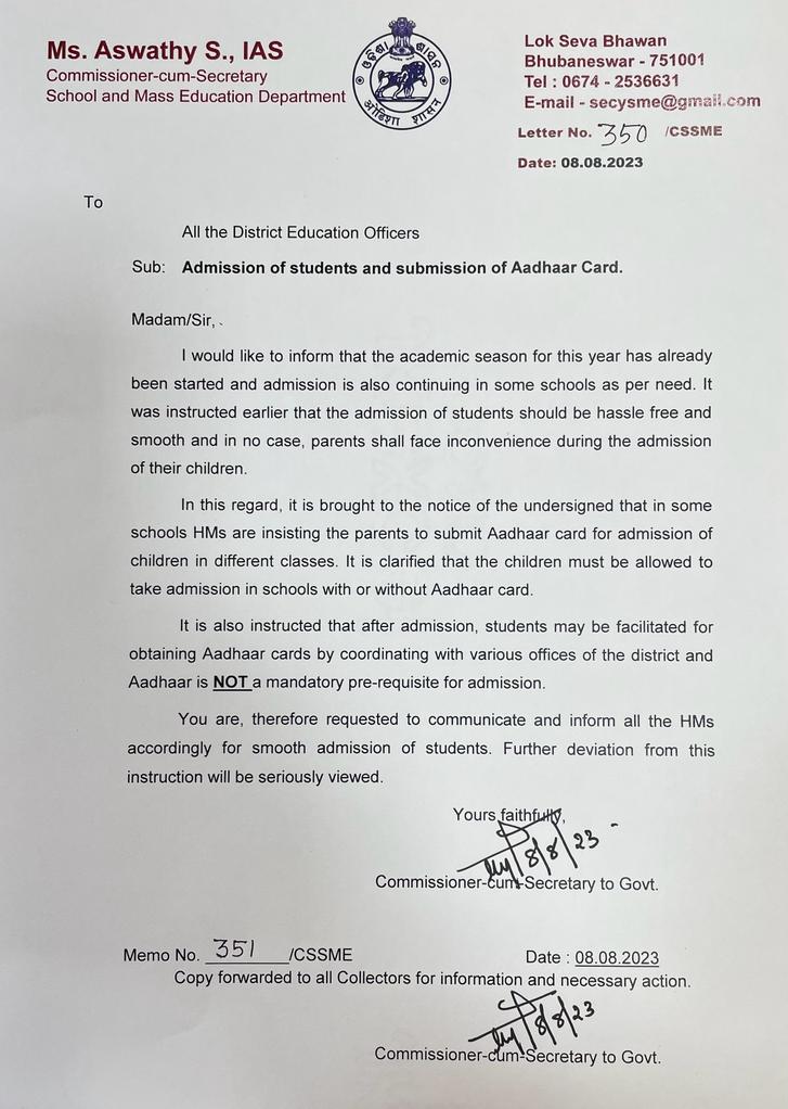 No #school can deny admission to children for not having #Aadhaar. Thanks to <a href="/SMEOdisha/">EducationOdisha</a> for issuing the much needed direction.