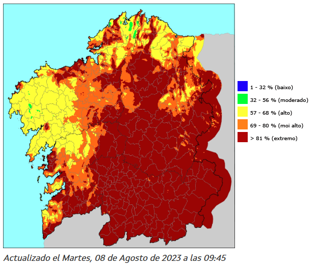 VOSTgalicia's tweet photo. #IRDI #Galicia
Situación del riesgo de incendios forestales en Galicia.

Riesgo extremo de incendio forestal en prácticamente toda la comunidad.

Evita encender fuegos y respeta las distancias de seguridad, no arrojes colillas🚭 ni basura🚯, y reporta cualquier foco🔥 sospechoso. https://t.co/T2UJN3hVdG