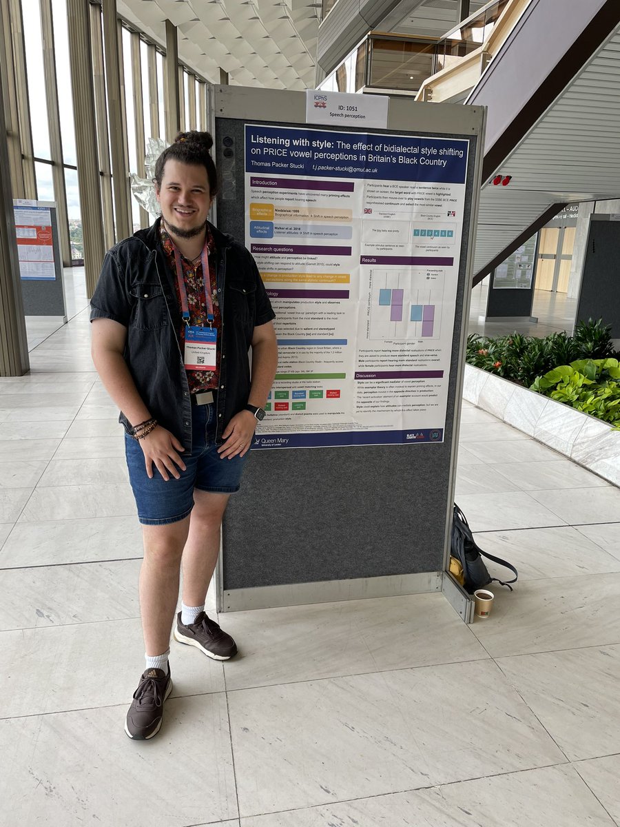 Taking a piece of the Black Country ⛓️ to #icphs23 today! My experiment found that when Black Country speakers switched between dialect and standard speech 🗣️, their vowel perceptions shifted👂. Find me in the “speech perception 2” poster session 🖼️.