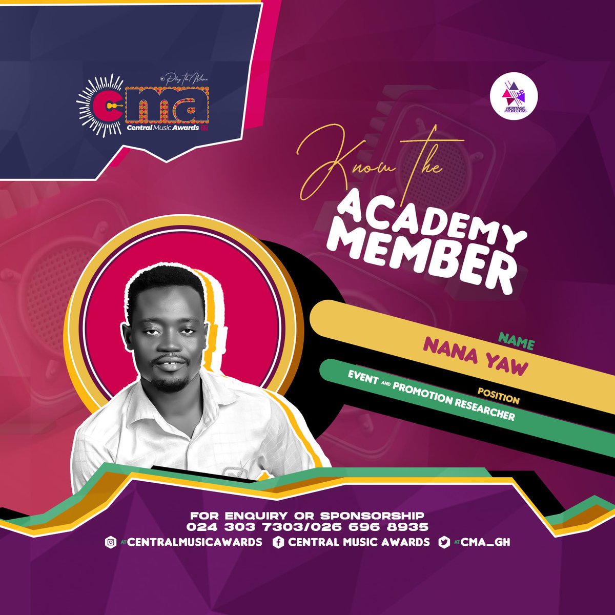 We're excited to announce the appointment of <a href="/NanaYaw96530474/">Nana Yaw</a>  as our EVENT &amp; PROMOTION RESEARCHER for the Central Music Awards 2023. 

NB: Entry for nominations opens on Monday, August 28, 2023. 

The <a href="/CMA_Gh/">𝐂𝐞𝐧𝐭𝐫𝐚𝐥 𝐌𝐮𝐬𝐢𝐜 𝐀𝐰𝐚𝐫𝐝𝐬 2025</a> is powered by <a href="/heritagepromogh/">Heritage Promotions</a> 

#CMA23 #PlayTheMusic