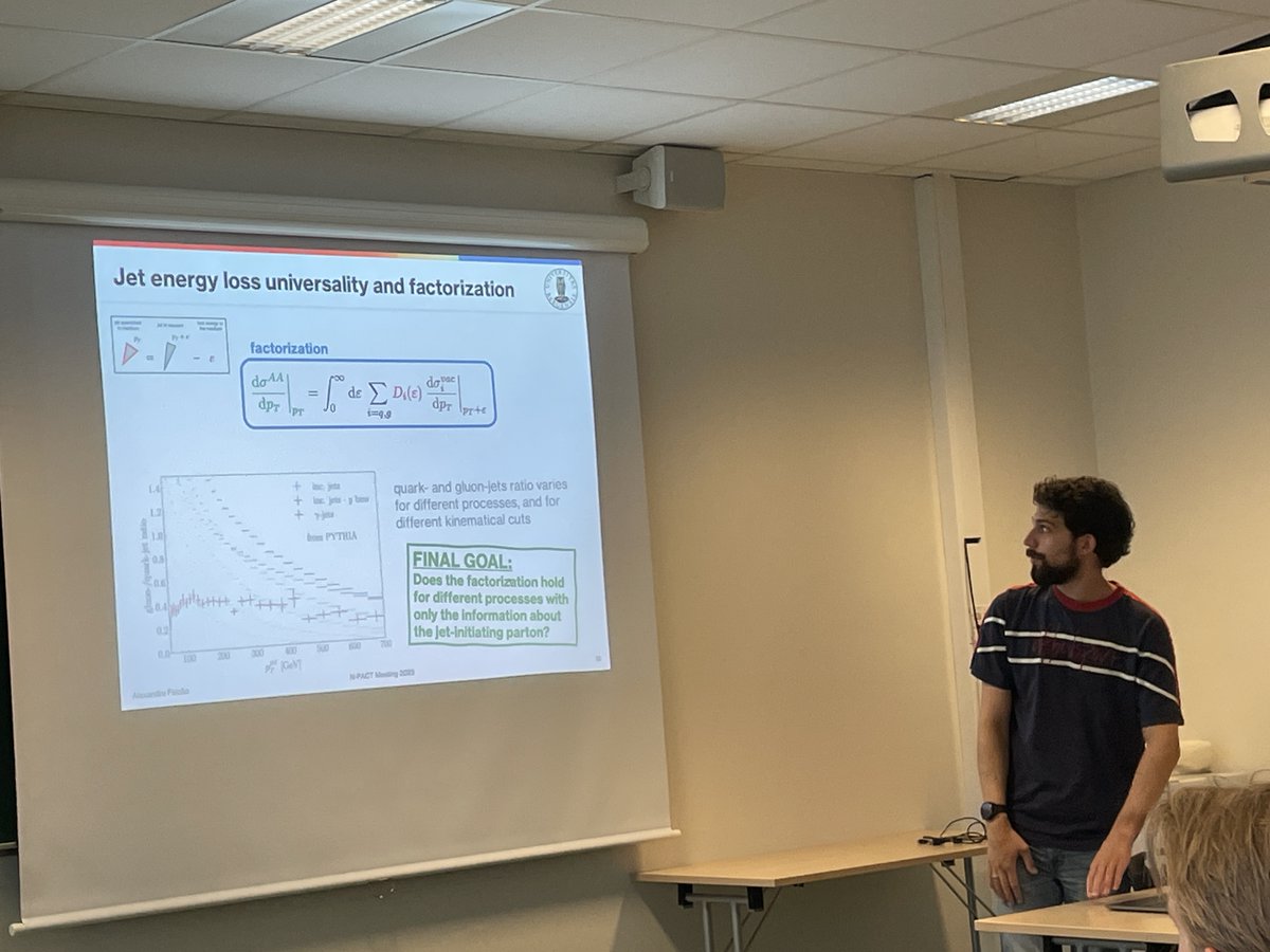 rothkopfAK's tweet photo. Switching gears at #NPACT2023, A. Falçao (@UiB) presents his research on jet quenching in #heavyion collisions (w/ @ktywoniuk). Using Bayesian inference to estimate the fundamental parameters governing jet energy loss in a hot medium ➡️ predict new observables. @forskningsradet https://t.co/1B1MViAdjt