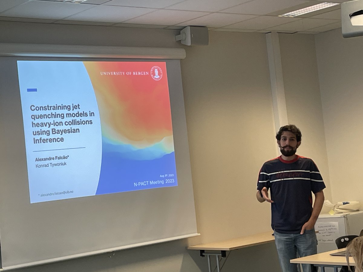 rothkopfAK's tweet photo. Switching gears at #NPACT2023, A. Falçao (@UiB) presents his research on jet quenching in #heavyion collisions (w/ @ktywoniuk). Using Bayesian inference to estimate the fundamental parameters governing jet energy loss in a hot medium ➡️ predict new observables. @forskningsradet https://t.co/1B1MViAdjt