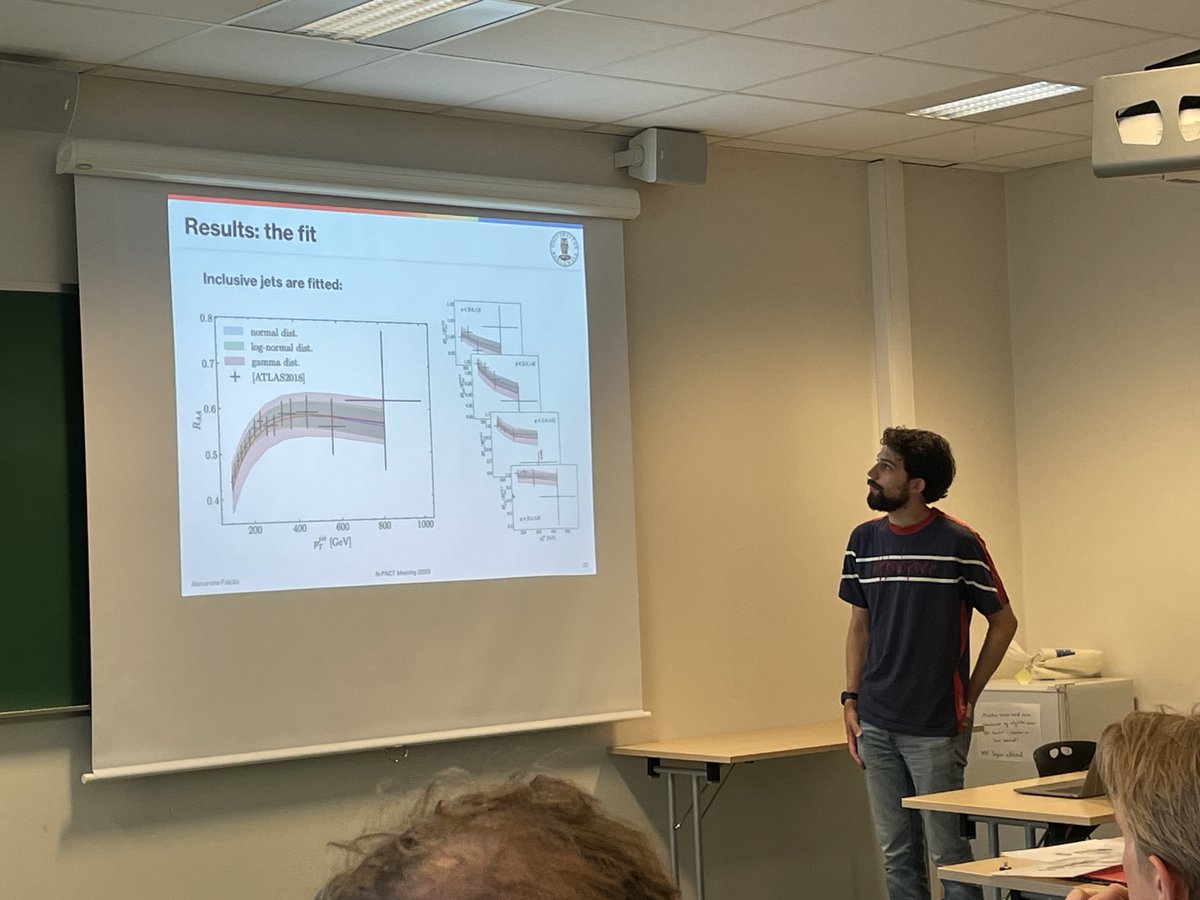 rothkopfAK's tweet photo. Switching gears at #NPACT2023, A. Falçao (@UiB) presents his research on jet quenching in #heavyion collisions (w/ @ktywoniuk). Using Bayesian inference to estimate the fundamental parameters governing jet energy loss in a hot medium ➡️ predict new observables. @forskningsradet https://t.co/1B1MViAdjt