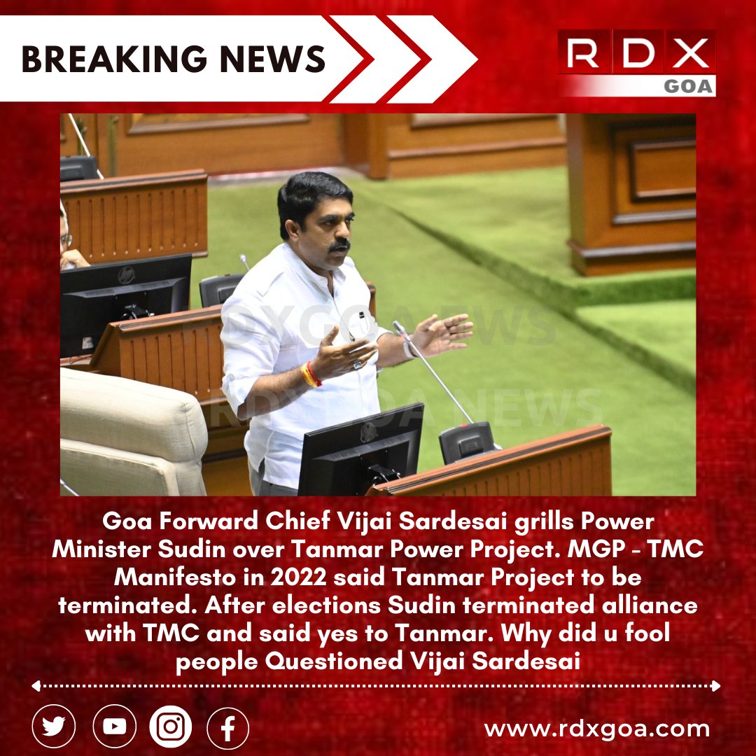 rdxgoa's tweet image. MLA @VijaiSardesai grills Power Minister @SudinDhavalikar over Tanmar Power Project. #MGP - #TMC Manifesto in 2022 said #TanmarProject to be terminated. After elections Sudin terminated alliance with TMC and said yes to Tanmar. Why did u fool people Questioned Vijai Sardesai