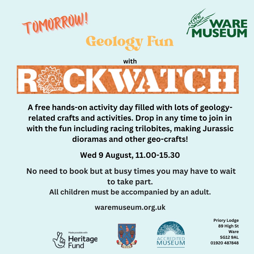 Calling budding geologists and fossil-hunters! Join Rockwatch at Ware Museum tomorrow for all sorts of geology fun, games, crafts and activities. 
9 August, 11.00-15.30, drop-in
@waretowncentre @waretowncouncil @whatsinware
@rockwatch_geology
#holidayactivities #familyactivities