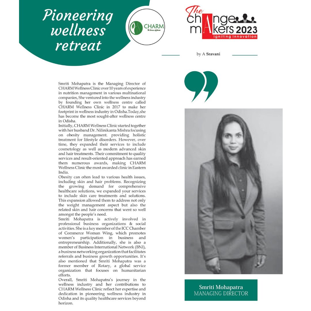 interviewtimes2's tweet photo. "Meet Smriti Mohapatra: A Trailblazer in Wellness Industry. With over a decade of nutrition management experience, she founded CHARM Wellness Clinic in 2017, becoming Odisha's go-to destination for holistic health.
Link: https://t.co/0DI84gjJIE
#magazinefeature #interviewtimes https://t.co/wXsLmbwdyl