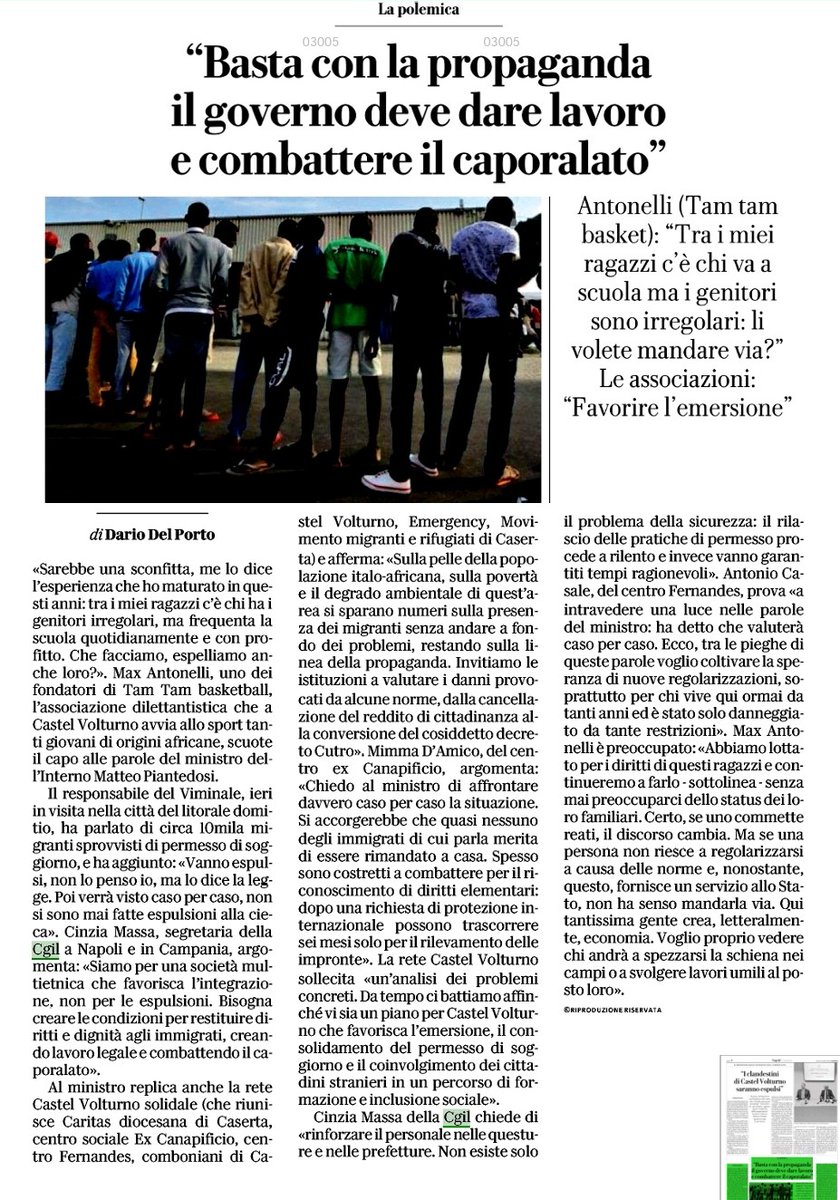 🟥 "Siamo per una società multietnica che favorisca l'integrazione, non per le espulsioni".

La replica di <a href="/cimassa/">cinzia massa</a>, segretaria Cgil Napoli e Campania alle parole del ministro dell'interno, Matteo Piantedosi, pronunciate ieri a Castelvolturno. 

🗞 Oggi su la <a href="/repubblica/">Repubblica</a> Napoli.