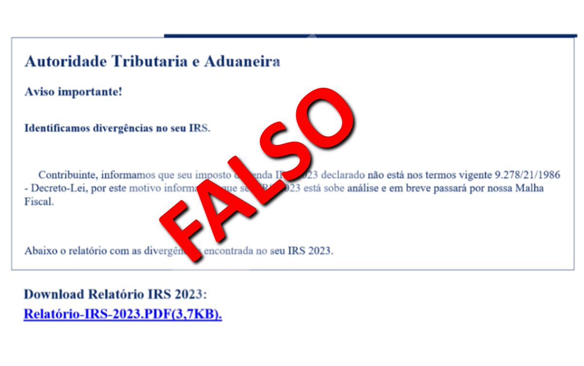 AUT_TRIB_ADUA's tweet photo. ALERTA:
Se recebeu um e-mail a pedir para tratar de incorreções na declaração de IRS carregando num link, ignore. Esta mensagem é falsa e deve ser apagada.
Leia o folheto informativo https://t.co/trAvMHsF1C https://t.co/CcH9QpLp9s