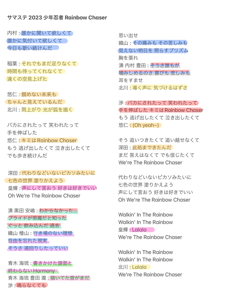 サマステ 少年忍者 レポ】 Rainbow Chaser / ジャニーズWEST 歌割り