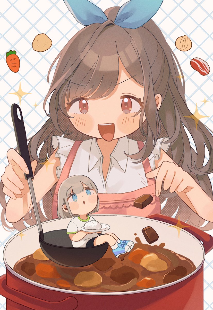 tsukioka kogane multiple girls 2girls curry food brown hair ladle long hair  illustration images
