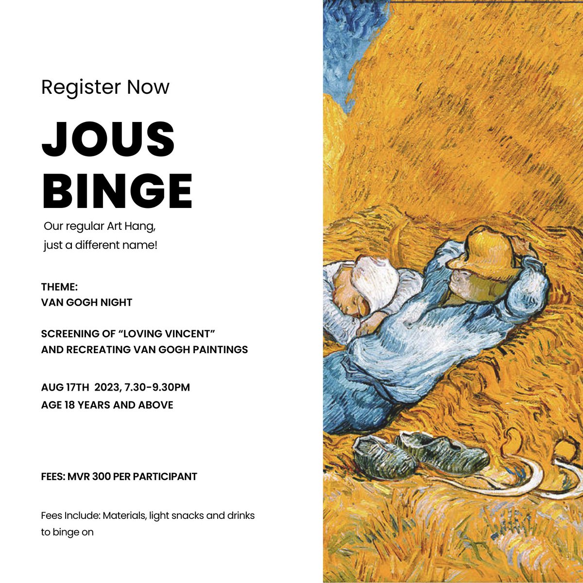 Fueled by the movie “Loving Vincent”, we’ll be guiding you to recreate some Vincent Van Gogh paintings in our next  Jous Binge! Who’s joining?