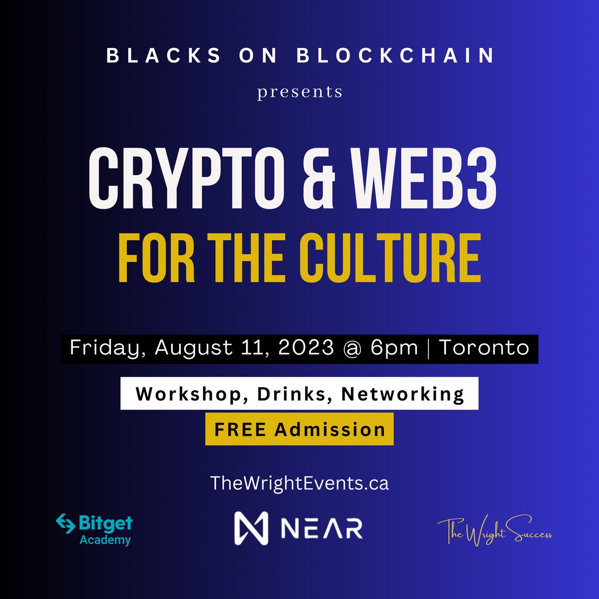 Calling all Black professionals! This FRIDAY attend Crypto &amp; Web3 For The Culture, focused on empowering the BLACK COMMUNITY in Web3.
🗓️Friday August 11th @ 6pm in #Toronto. Learn, Eat &amp; Network ✊🏽✊🏾✊🏿

#CryptoWeb3 #Empowerment #CommunityImpact