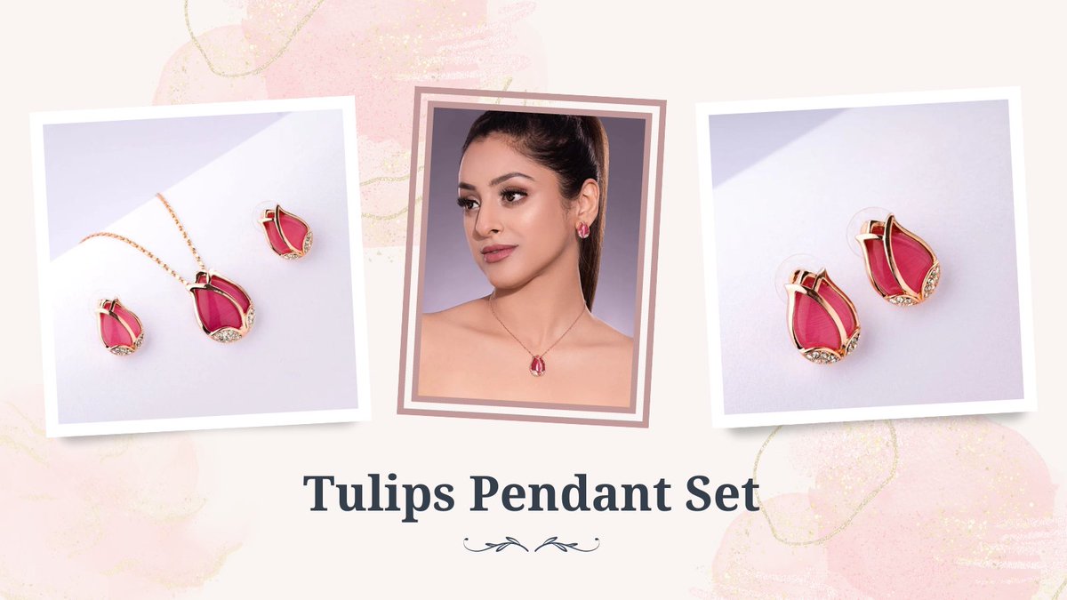 BlingVine's tweet image. Tulips Pendant Set  ₹ 2,600 

Pink Pendant Set made out of faux Cateye Stones and finest American Diamonds. The 18K Rose Gold plating compliments this floral necklace set gorgeously. 

Available on blingvine.com/products/tulip… 
#pendant #pendantset #earrings #jewellery #blingvine