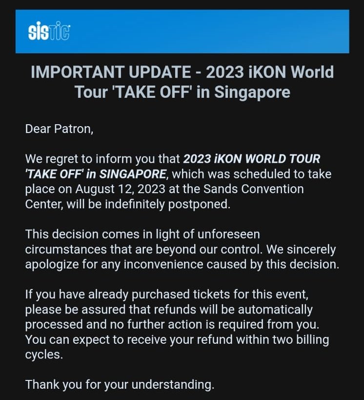mijingy0o's tweet image. [POSTPONED] iKON Take Off Concert in Singapore is "indefinitely postponed". All refunds will be processed. Announcement came just four days before the show and it's from ticketing company. 

No announcements yet from @pulpliveworld or @SkeshMM @iKONIC_143