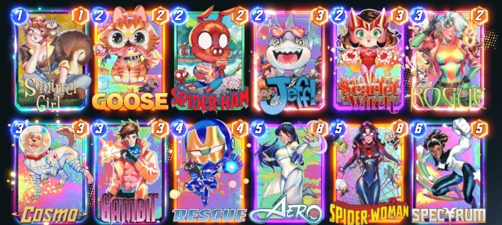 ScifiSpeedster's tweet photo. At last! My @rianbowart -only Marvel Snap deck is complete. With enough caches in the bank left to grab the Nebula variant in two weeks as well! https://t.co/WeD2uJk8Ov