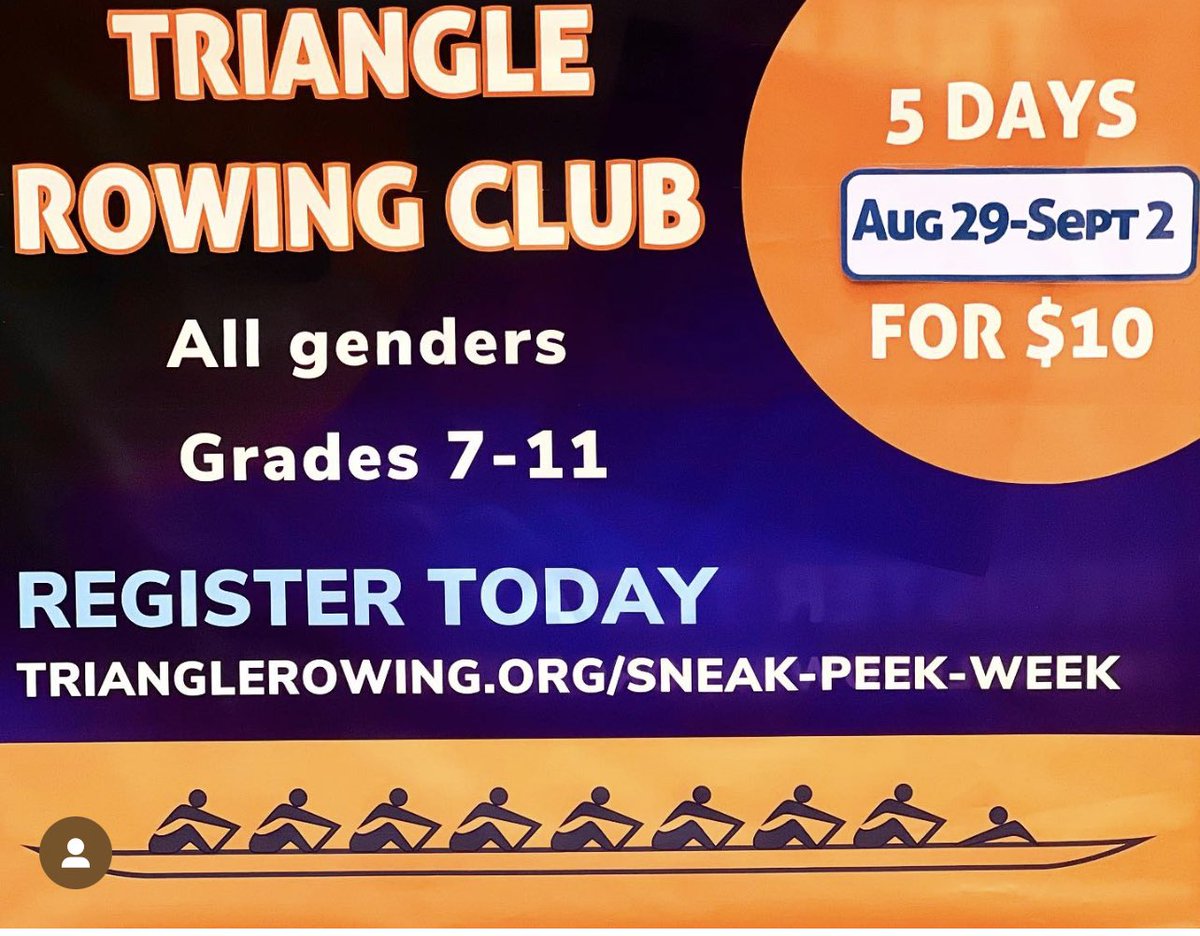 TriangleRowing's tweet image. Sneak Peek Week: 5 days for $10 Aug 29-Sept 2 Come out &amp;amp; try the sport of rowing, we’ll teach u everything u need 2 know.  Join us, we make champions. Grades 7-11, M&amp;amp;F
trianglerowing.org/sneak-peek-week @wlmsptsa @lufkintweets @mchsmustangs @apexfriendship