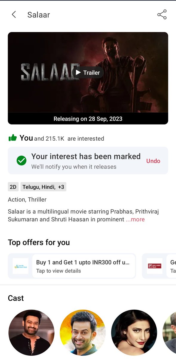 🔥 The excitement for #Salaar is soaring with an impressive 215K interests on BookMyShow! 🎬🚀 The anticipation is real! 🎥
 #CountdownToRelease 

51 Days to go.....

#Prabhas #SalaarCeaseFire 
#PrashanthNeel