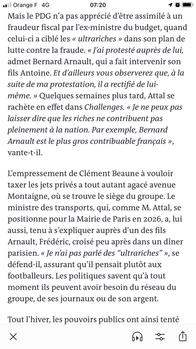 Dans @lemondefr on apprend que Bernard Arnault corrige le ministre du budget Gabriel Attal lorsque les éléments de langage de ce dernier sur la taxation des ultra-riches ne lui conviennent pas. Et le ministre se rétracte. @ElsaConesa @sderoyer