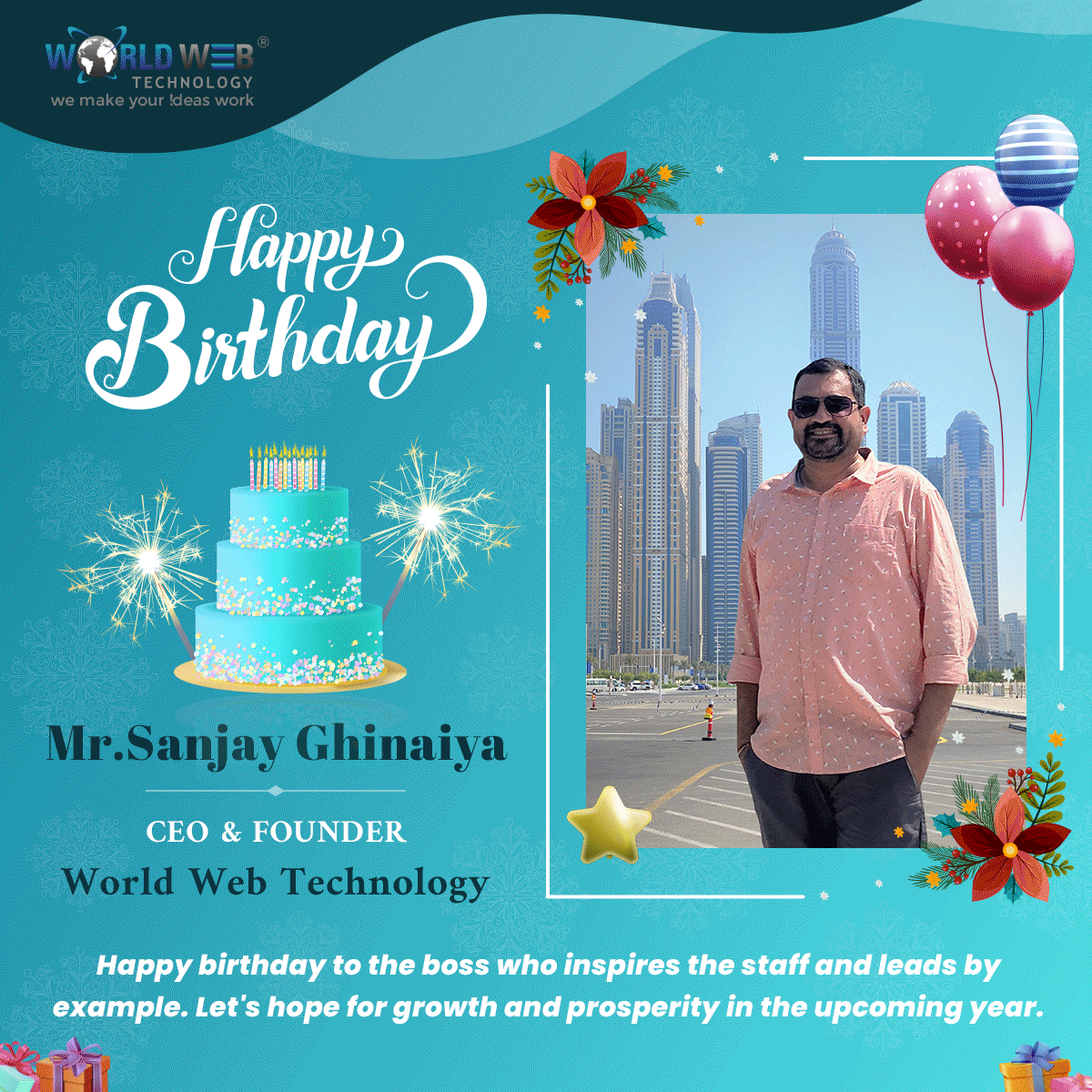 worldwebtechno's tweet photo. #HappyBirthday to our extraordinary CEO Mr. Sanjay Ghinaiya!🎂 The driving force behind #WorldWebTechnology success. May the coming year bring you more success, good health, and endless happiness. 🎉
@worldwebtechno family wishes a Happy birthday to the most incredible boss. https://t.co/taxBky5YLI