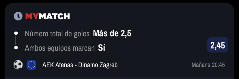 MS Ashdod vs Hapoel Tel-Aviv
Gana Hapoel
2.10 | Stake 3

AEK Atenas vs Dinamo Zagreb
Ambos marcan + 2.5 goles
2.45 | Stake 1