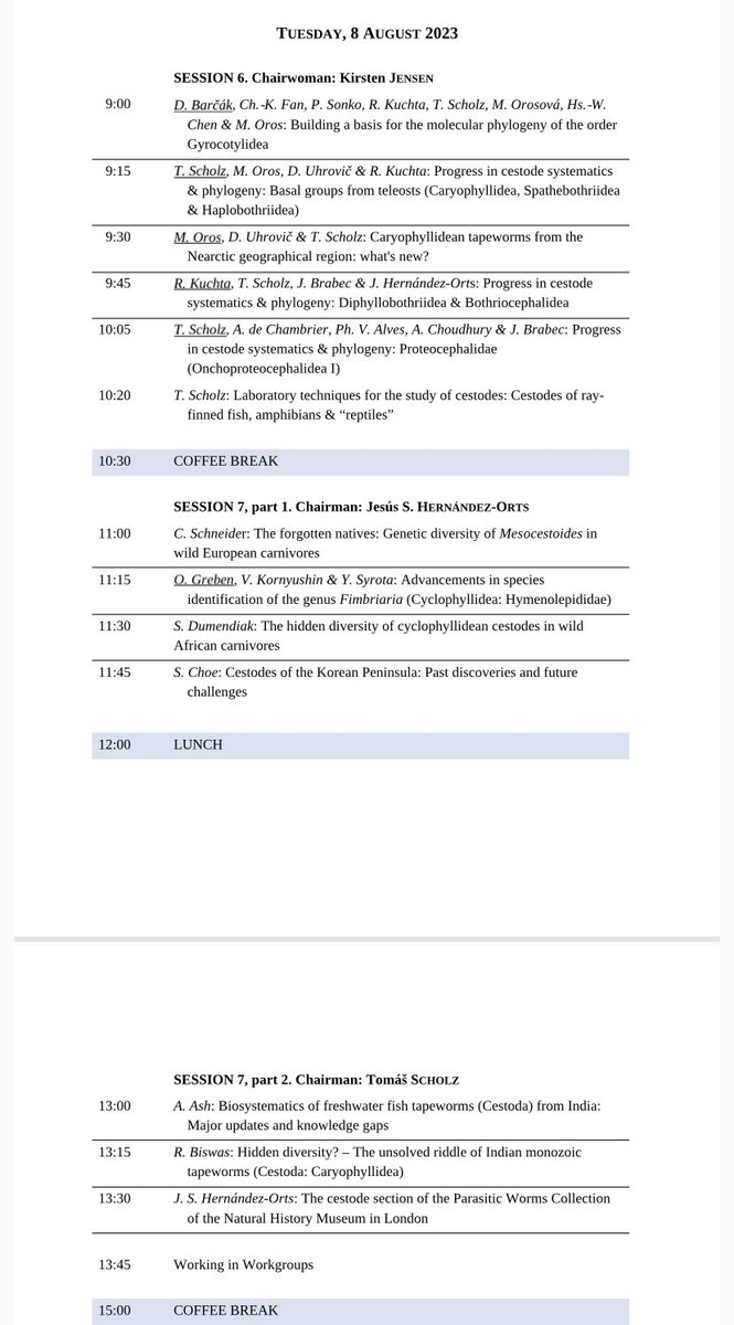 WorldCestodes's tweet photo. X International Workshop on #Cestode #Systematics &amp; #Phylogeny 4-10 Aug 2023 #Poland
#IWCSP2023
Today 8th: Program 
#CestodesSystematics from #IndiaCestodes to #AfricaCestodes from #fish to #carnivores 

#Cestodes #Tapeworms #Helminths #Parasites #Cestodologists #Parasitology https://t.co/cFLYAcp3A7