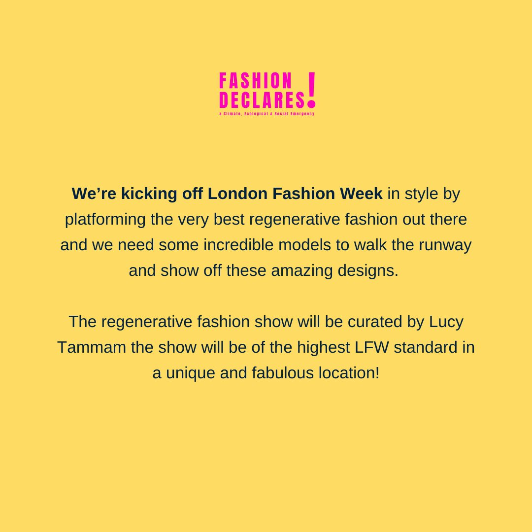 FashionDeclares's tweet photo. Models! Do you want to be part of changing the fashion industry for the better? 🙌
To be considered for this incredible opportunity please send a link to your portfolio and a walking video (past show or self tape) to regenerateshow@gmail.com
#modelcallout #londonmodel https://t.co/4NrY6e8s1H
