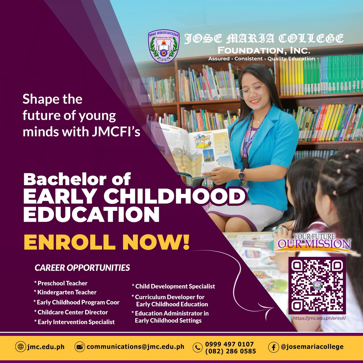 jmcedu_ph's tweet photo. Shape the future of young minds with JMCFI's

Contact us at:
email: communications@jmc.edu.ph
(+63)999 4970 107, (082)286 0585
Admissions: (082)286-0582
Visit us at https://t.co/5K7wAmyYi4
#college
#freeadmission
#schoolinDavao
#JMarianExcellence https://t.co/Q9qb7otHBN