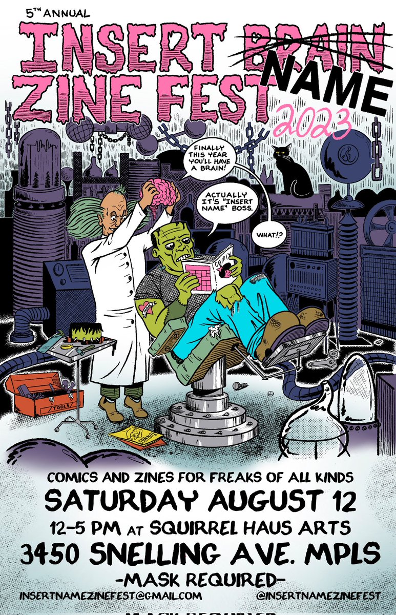 Twin Cities friends!! This Saturday, 8/12, is the 5th edition of Insert Name Zine Fest! Stop by for zines, comics, and brains! Many kudos to <a href="/fourcolorryan/">FourColorRC</a> and E Joy Mehr for organizing this amazing festival! #comix #zines