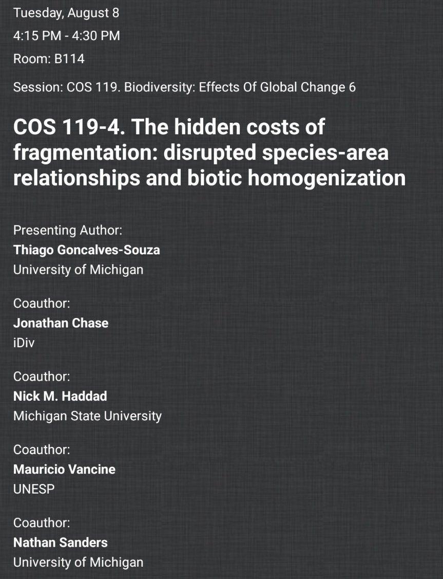 Tomorrow I'm going to present in #ESA2023 the very first results of the working group we are running in the Institute for Global Change Biology @UMSEAS @UMichEEB. @Nate_J_Sanders @nickmhaddad @mauriciovancine and @Jon_Chase03 contributed a lot with these ideas💡