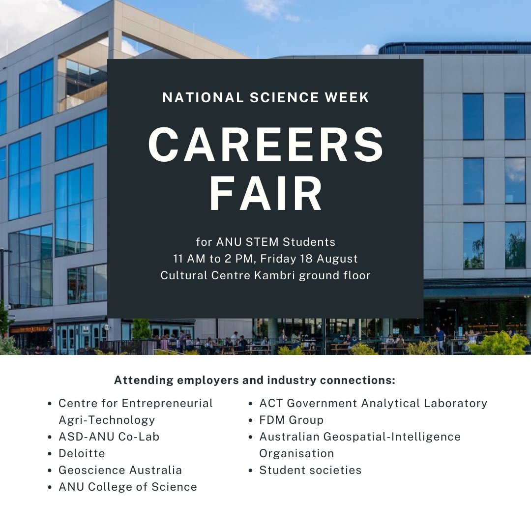 We're excited to host a Science Career Fair Friday 18 August, during #ScienceWeek! Free pizza lunch included 🍕
Students and employers can register here: science.anu.edu.au/news-events/ev…