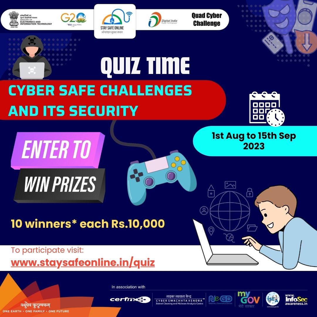 bldedu's tweet photo. Participate in #onlinequiz on Cyber Safe Challenges and its Security" organized as part of Stay Safe Online (SSO) campaign by Ministry of Electronics and Information Technology (MeitY).

Link for participation - https://t.co/t3rz1ajTJz https://t.co/Sg3y0ErPEW