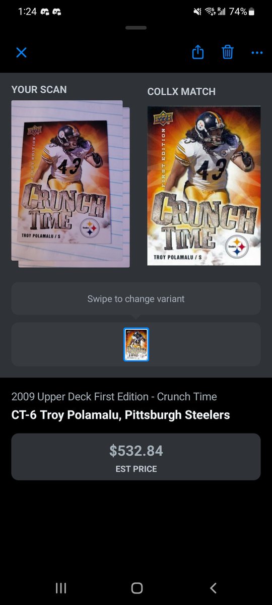 xxqueenkill's tweet photo. @CollX_App thought this app was legit and spent hours with my Fiancé  pricing baseball cards and started the football ones and came across this.. scanned it... WHAT IS THIS PRICE!?!? now we don't even know if the ones we already did are accurate. 😭 https://t.co/aiouev8UFj