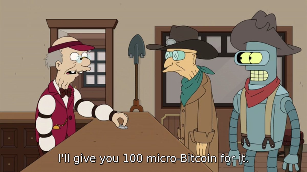 Super stoked #Futurama made a full episode about #Bitcoin in the New Old  West! Bender wins a donkey at an auction for 13 micro-Bitcoin (I guess the  term Satoshi never catches on)
