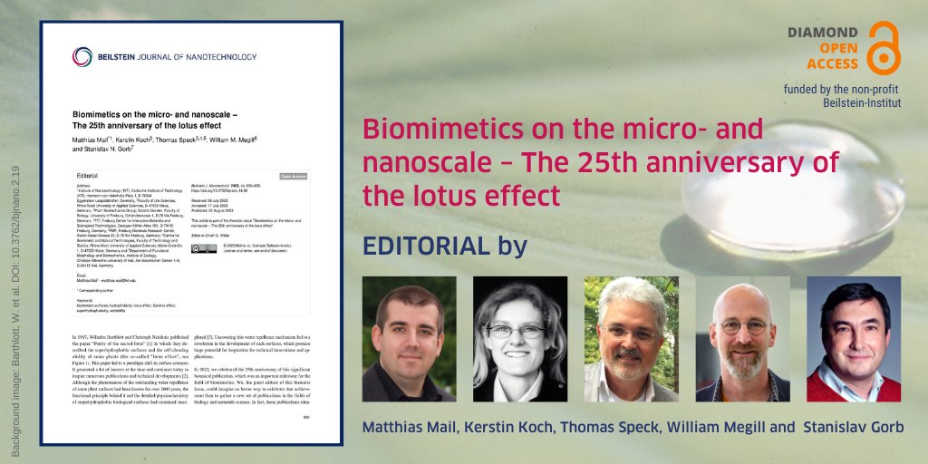 BeilsteinInst's tweet photo. 🥳 Celebrating the #LotusEffect 🌿 – Our guest editors Matthias Mail, Kerstin Koch, Thomas Speck, William M. Megill & Stanislav N. Gorb provide a great overview of their thematic issue “#Biomimetics on the micro- and #nanoscale” in the #DOA 💎🔓 #BJNANO.
👉https://t.co/9D3QQtAqlG https://t.co/IyhGB6ECXM