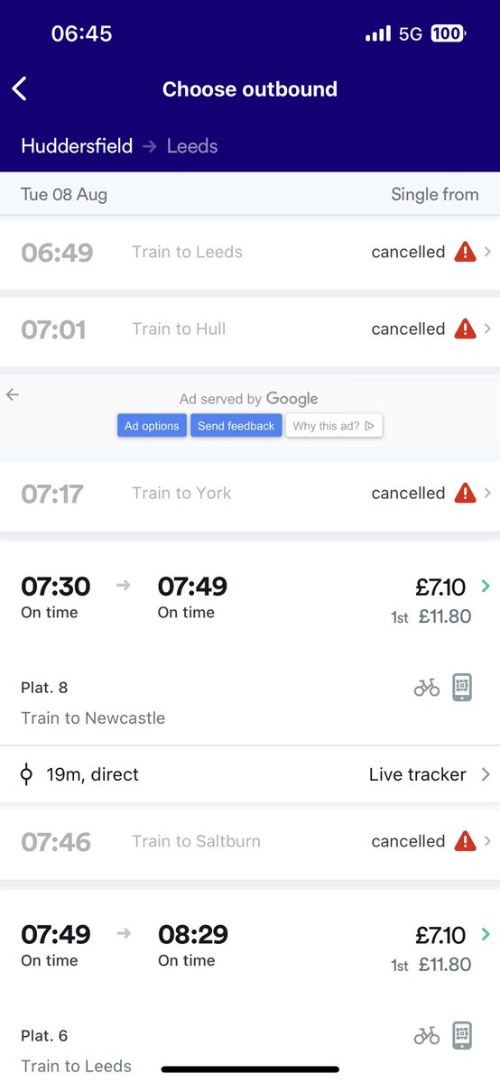 harrietweet's tweet photo. @TPEassist 3 rush hour trains in a row cancelled from HUD - LDS this morning, how is that acceptable? What’s worse is that I checked at 10pm last night and the 07:01 was still running. It’s not good enough. https://t.co/vqxeQRjsgy