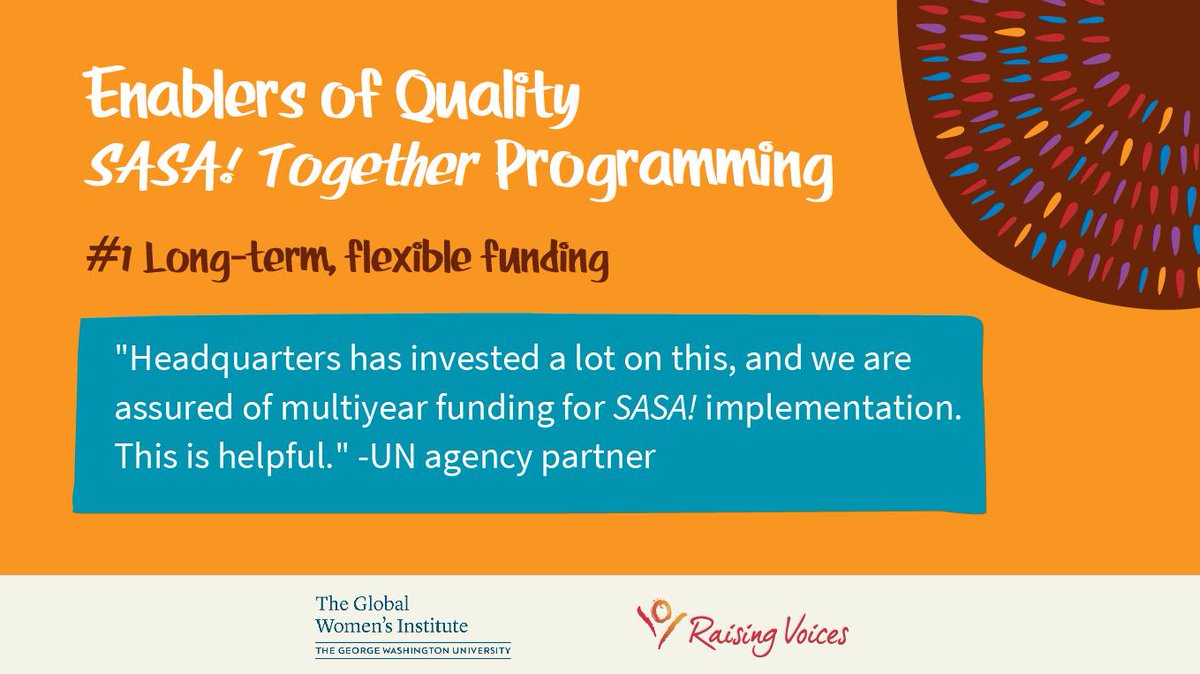RaisingVoices's tweet image. Our #Learning with @GWUGlobalWomen highlights the importance of long-term funding as the first consideration for enabling transformative #VAW prevention programs like #SASATogether

Are you a donor who provides multi-year, flexible funding?

If yes, how has it made a difference?