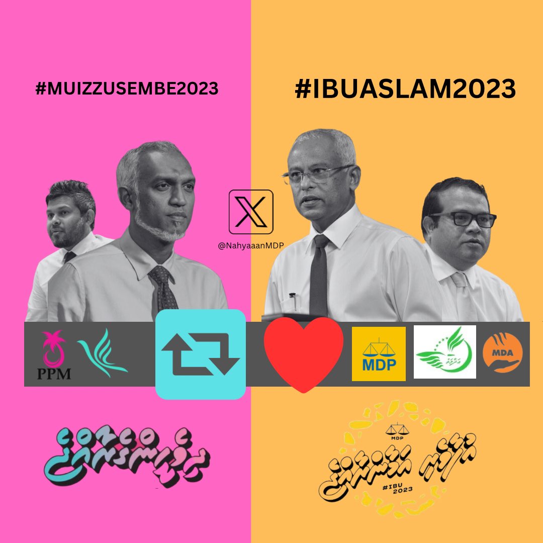 Nahyaanu's tweet photo. ރިޔާސީ އިންތިހާބުގައި ދެވަނަ ބުރަކަށް ދިޔަސް އަހަރެންގެ ނަޒަރުގައި ދާނީ އެމްޑީޕީ އަދި ޕީޕީއެމް. ތިޔަބޭފުޅުންގެ ނަޒަރުގައި ރައްޔިތުންގެ ތާއީދަ އެކު އިންތިހާބު ނަގާނެކަމަށް ލަފާކުރެވެނީ މިތަނުން ކޮން ކެންޑީޑޭޓެއް ތޯ؟ 

އިބޫ އަދި އަސްލަމް ނަމަ ލައިކް 💛

މުއިއްޒު އަދި ސެންބެ ނަމަ ރީޕޯސްޓު ♾���