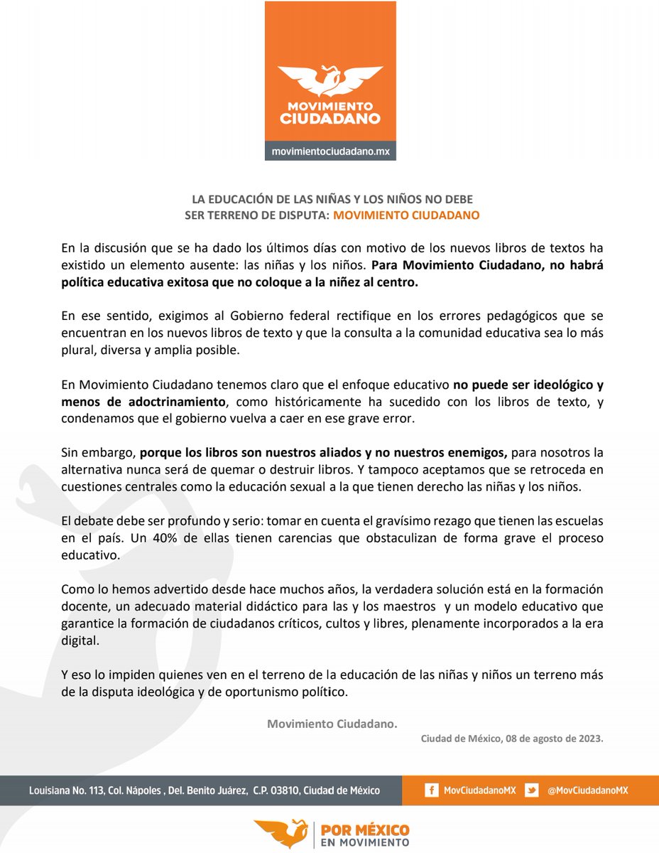 MovCiudadanoMX's tweet photo. La discusión sobre la educación de las niñas, niños y adolescentes va mucho más allá de los libros de texto y no debe ser territorio para disputas políticas e ideológicas.

Te compartimos el posicionamiento de Movimiento Ciudadano: https://t.co/g02mDcLrE5