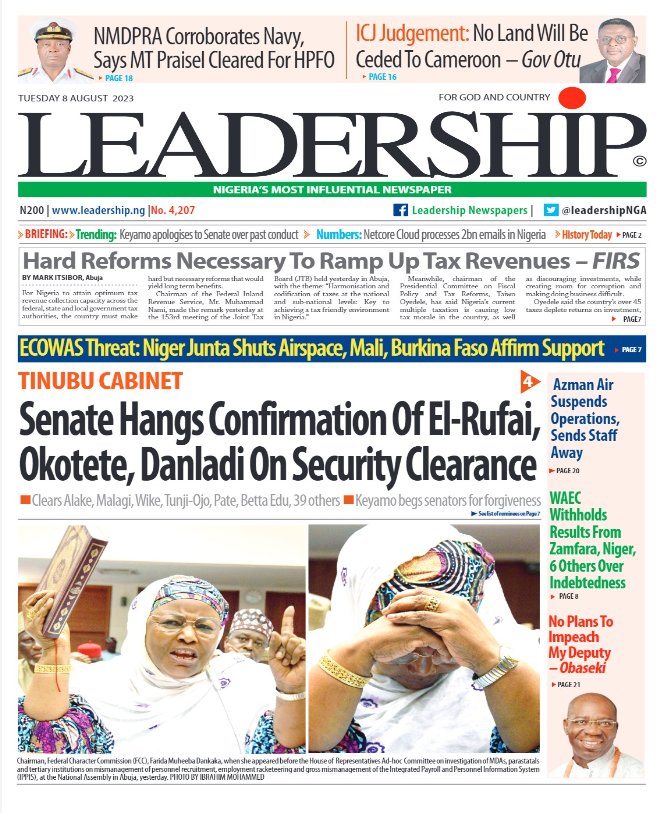 alpha1065fm's tweet photo. Newspaper #Headlines Tuesday 8th August 2023
#Politics #NigerianNews
#Africa #Newspaper #sports
#NEWSUPDATE #BreakingNow
#SenateScreening
(3/3) https://t.co/iXcafRzvE2