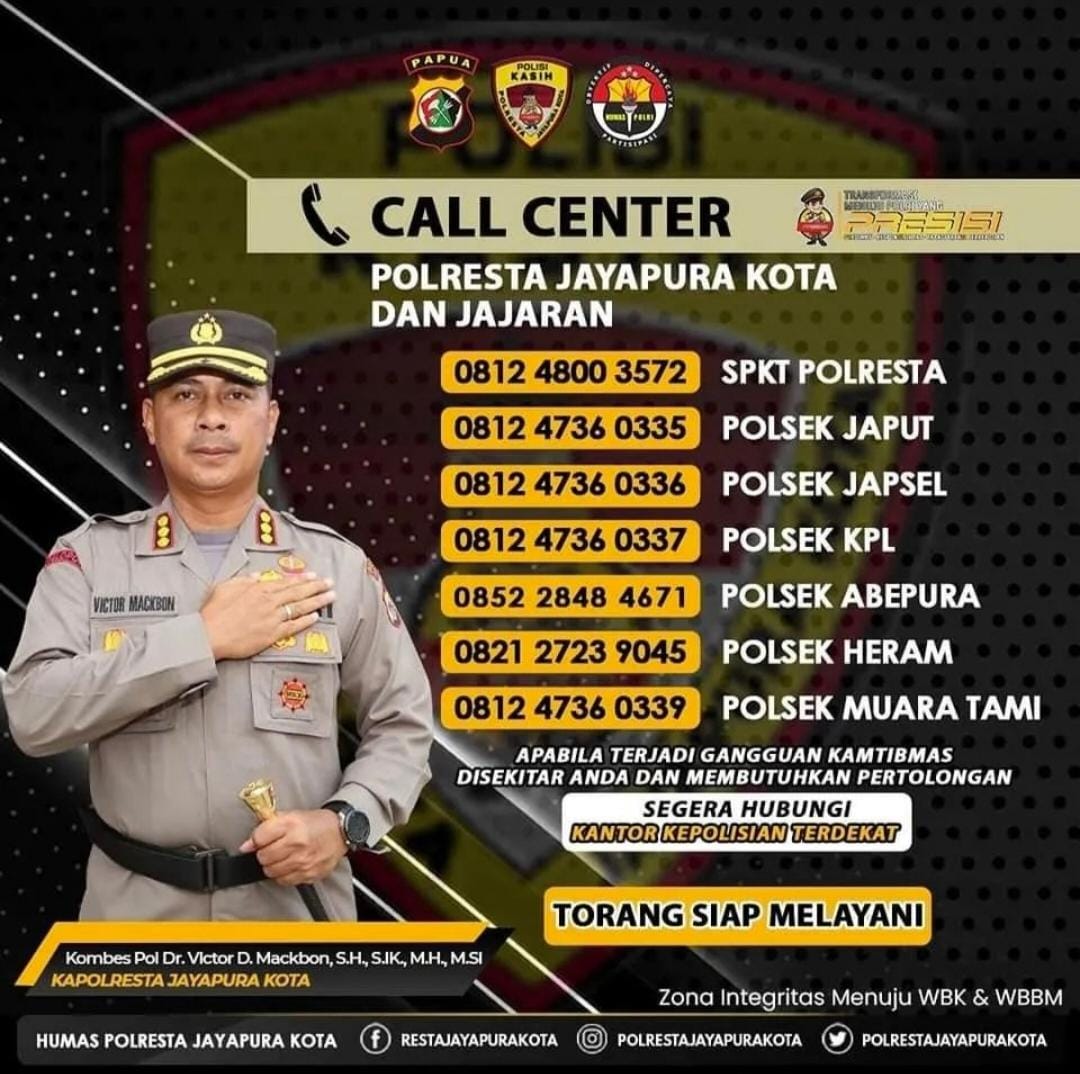 JayapuraKota's tweet photo. Bila Ingin mengetahui atau melaporkan situasi pasca bencana alam gempa bumi, silahkan langsung menghubungi Call Center Kantor Kepolisian yang ada di jajaran Polresta Jayapura Kota, Kami Siap Melayani Anda
.
.
#divhumaspolri #poldapapua #polrestajayapurakota #polripresisi https://t.co/lbZe0KXbdB