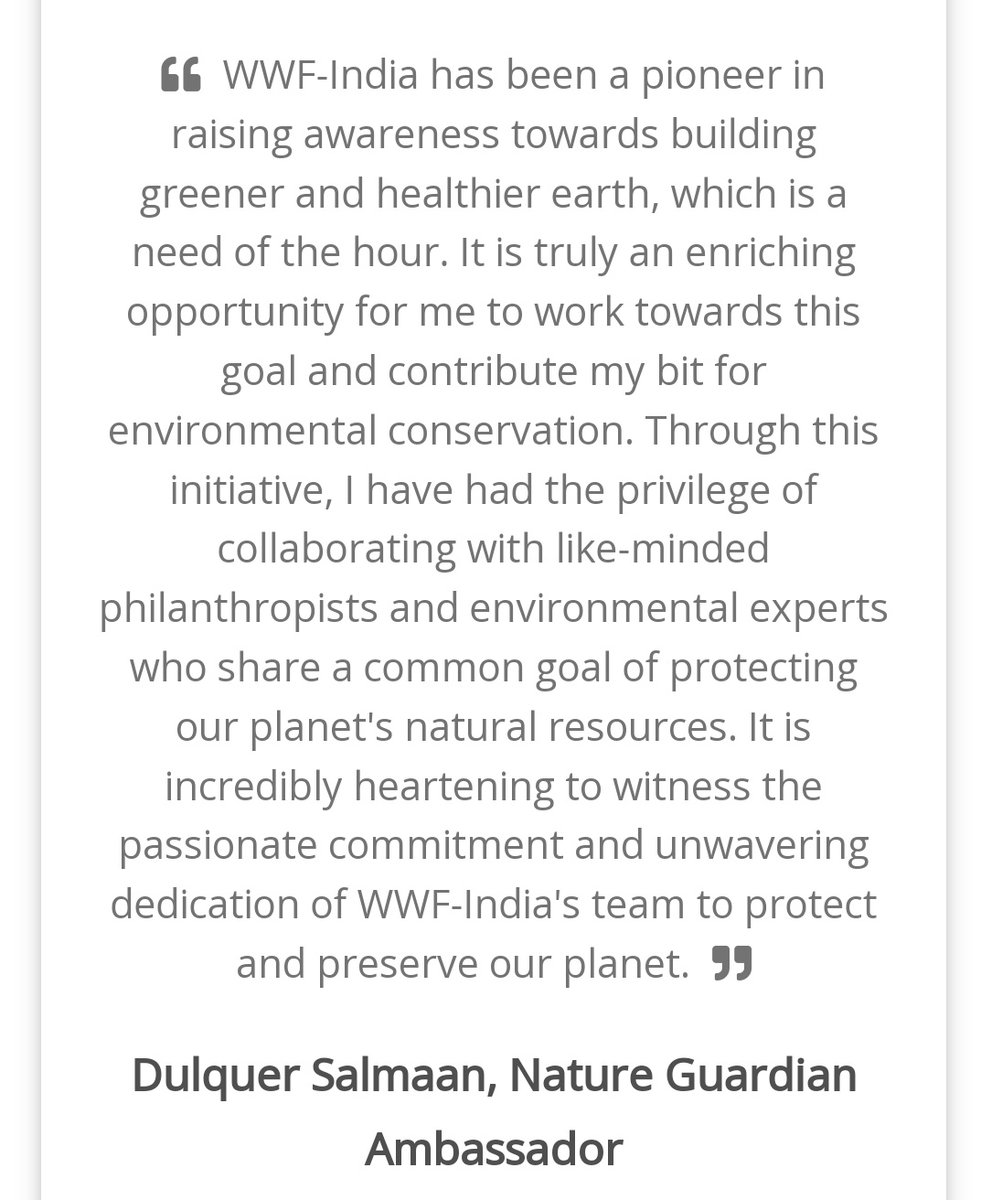 • @WWFINDIA welcomes @dulQuer, the new Ambassador for Nature Guardian Programme. The nature guardian programme brings together like-minded people to protect our environment. 

#DulquerSalmaan #NatureGuardian #WWF #WWFIndia #KingOfKotha #GunsAndGulaabs