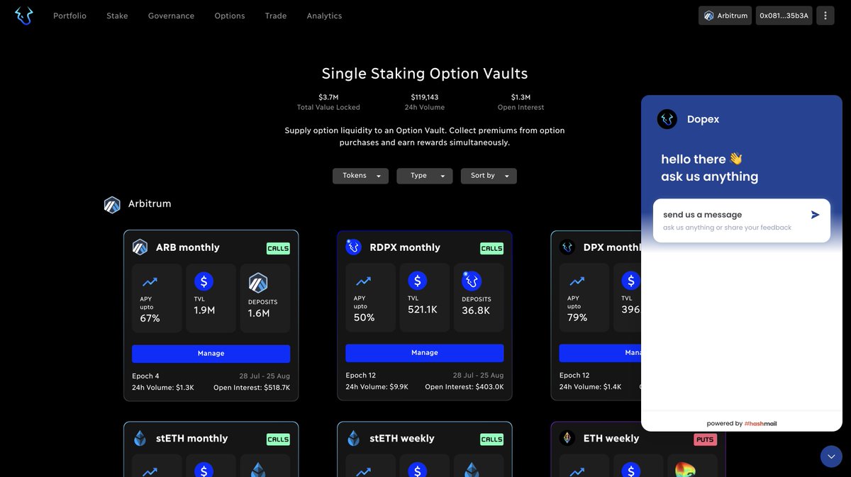 Stryke ⚡ (@stryke_xyz) on Twitter photo 🎫 Dopex Support (powered by <a href="/0x_hashmail/">hashmail</a> ) has now been integrated into the dApp!
Click on the Dopex Icon on the bottom right side of the dApp to send a message to us
💬 The chat will be open and support will answer during working hours
🖥️ Check it out: app.dopex.io 🎫 Dopex Support (powered by <a href="/0x_hashmail/">hashmail</a> ) has now been integrated into the dApp!
Click on the Dopex Icon on the bottom right side of the dApp to send a message to us
💬 The chat will be open and support will answer during working hours
🖥️ Check it out: app.dopex.io