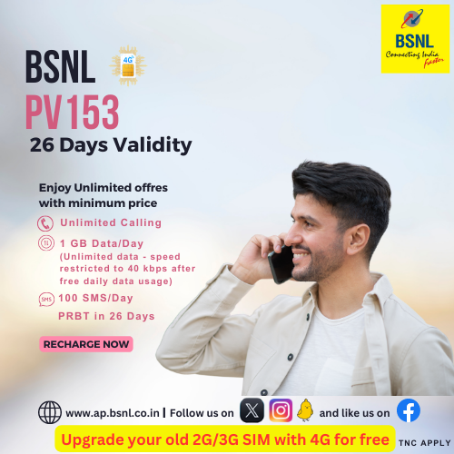 bsnl_ap_circle's tweet photo. Recharge with #PV153 and enjoy unlimited calling, 1GB data & 100 SMS per day for 26 days. #RechargeNowwith #BSNLSelfCareAppDownload the app now. Google Play: https://t.co/BBdCESVAlG AppStore: https://t.co/hEoZvdNSq6 #BSNLOnTheGo #G20India #bsnlrecharge #joinBSNLfamily https://t.co/K9nB0yy79g